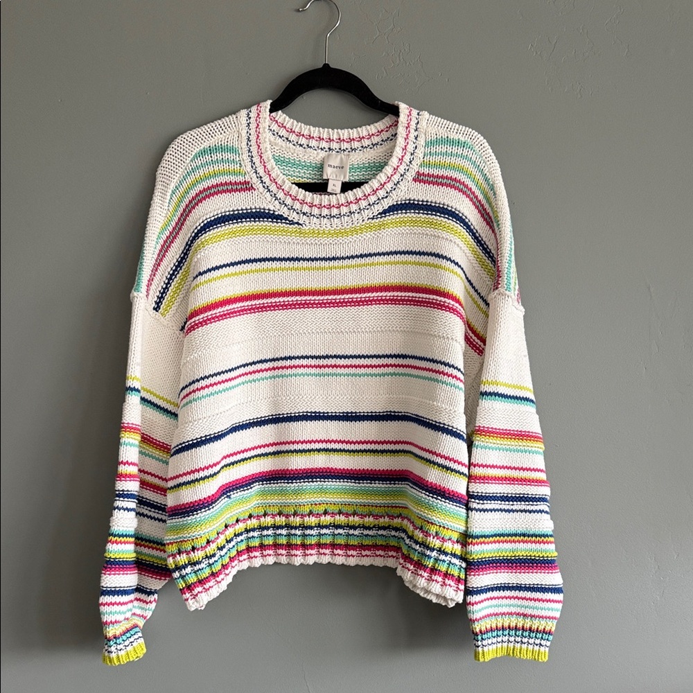 Anthropologie Maeve White Crewneck Sweater with Multicolor Stripes